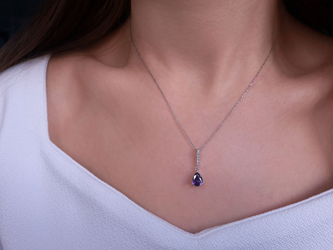 Amethyst drop necklace with diamonds - 8K White Gold | 0.92 ct - high-quality Jewelry by Rosy Lab Diamonds