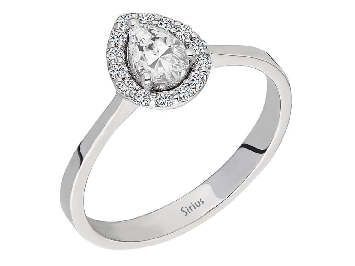 Eleganter 14 Karat Weißgold Ring mit Tropfenförmigem Weißem Topas und Rundgeschliffenen Diamanten