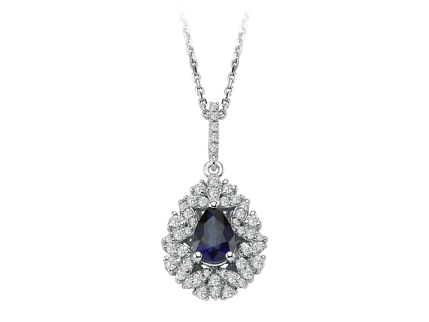 Pendentif Anturage avec saphir goutte & 47 brillants – or blanc 14 carats