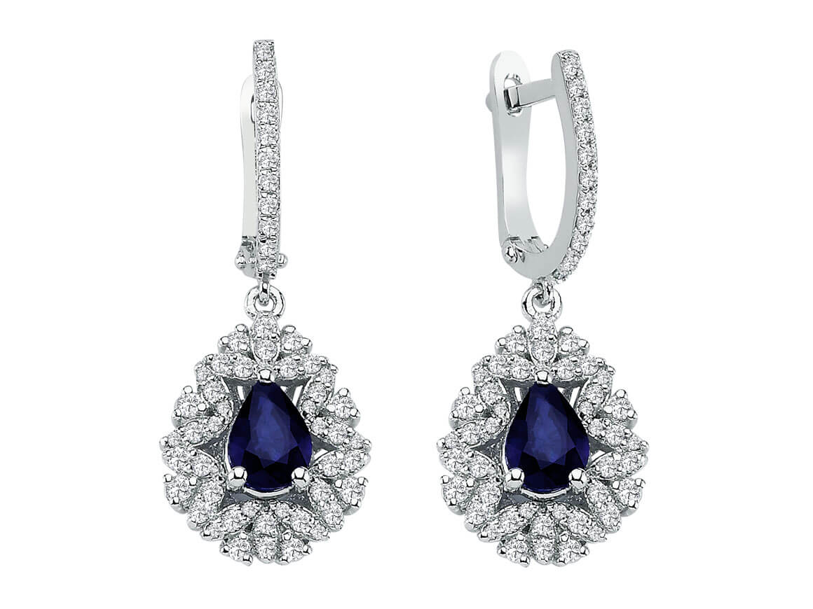 Boucles d’oreilles luxueuses Anturaj avec saphir en forme de goutte et diamants en Or Blanc | Bijoux de luxe en ligne – Bijoux haut de gamme de Rosy Lab Diamonds