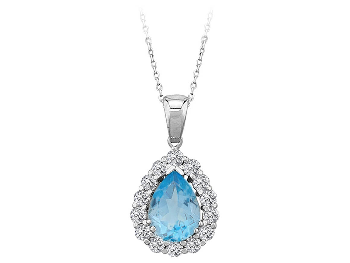 Tropfen-Anhänger mit blauem Topas und 14 Labor-Diamanten aus 14K Weißgold