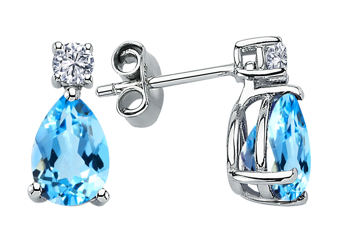 Boucles d'oreilles élégantes avec diamants de laboratoire et topaze bleue en forme de goutte en or blanc 585