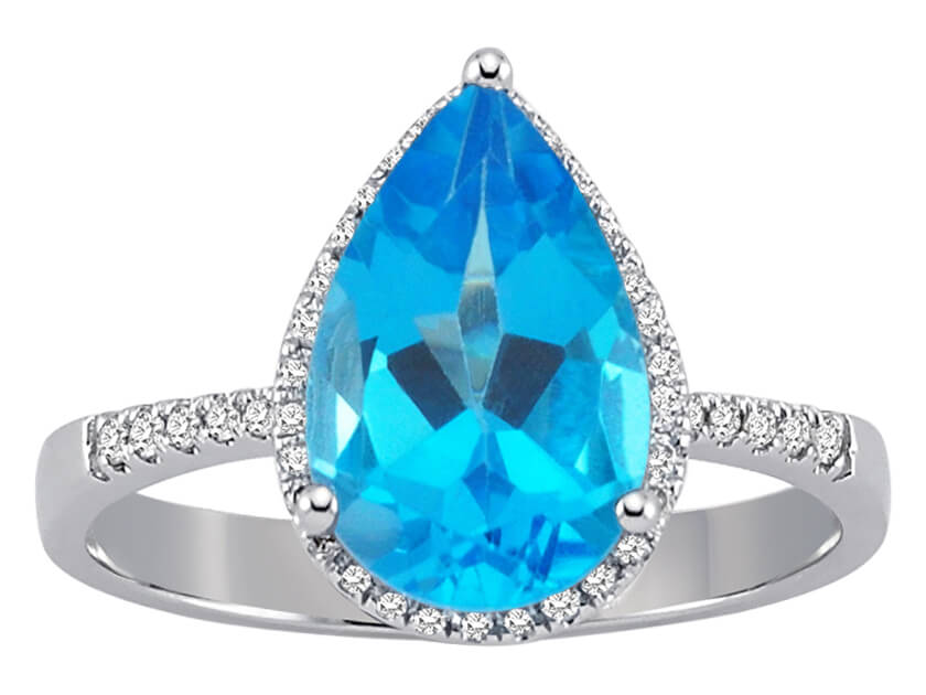 Ring mit tropfenförmigem Swiss Blue Topas und Diamanten - 14K Weißgold - hochwertiger Schmuck von Rosy Lab Diamonds