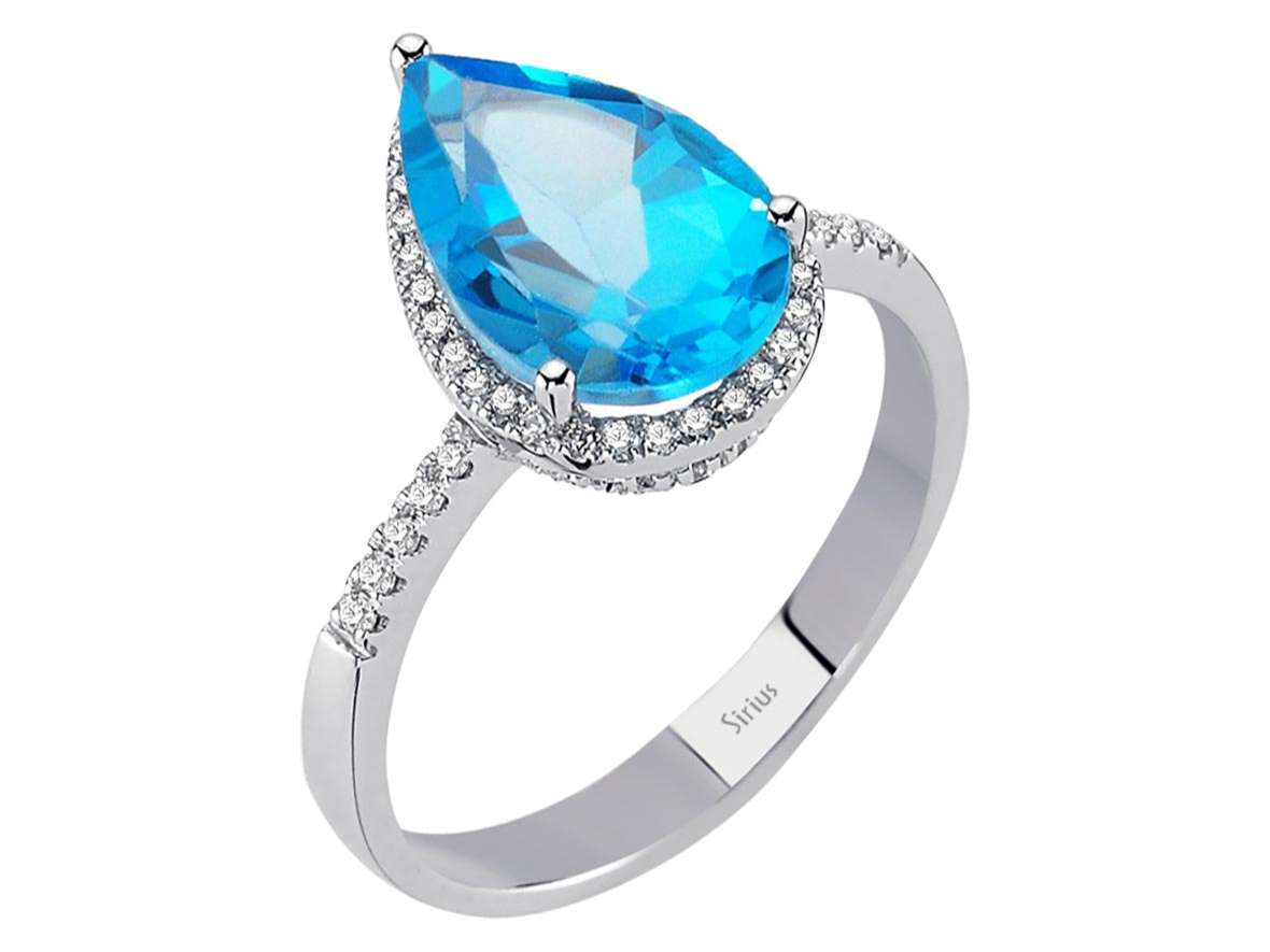 Ring mit tropfenförmigem Swiss Blue Topas und Diamanten - 14K Weißgold - hochwertiger Schmuck von Rosy Lab Diamonds