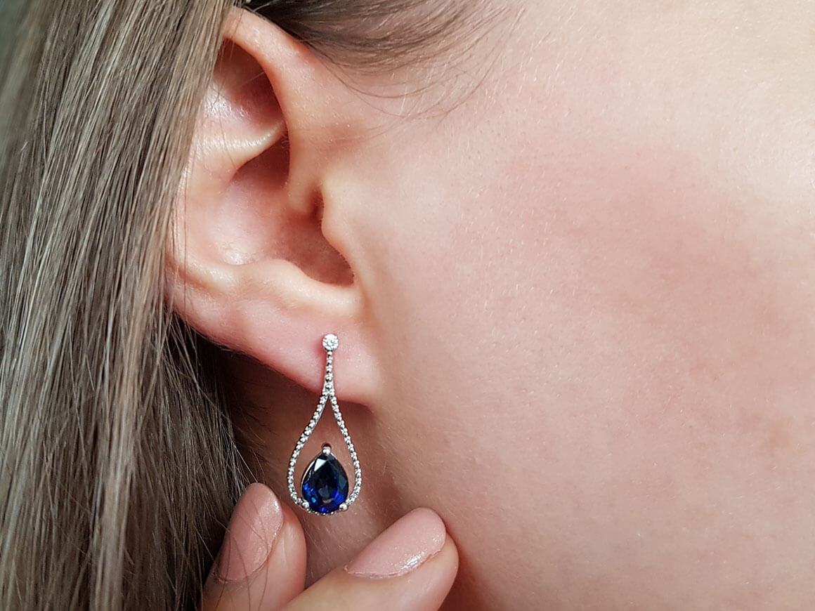 Drop Earrings with Lab-Grown Diamonds and Teardrop Sapphires in 8K White Gold - high-quality Jewelry from Rosy Lab Diamonds