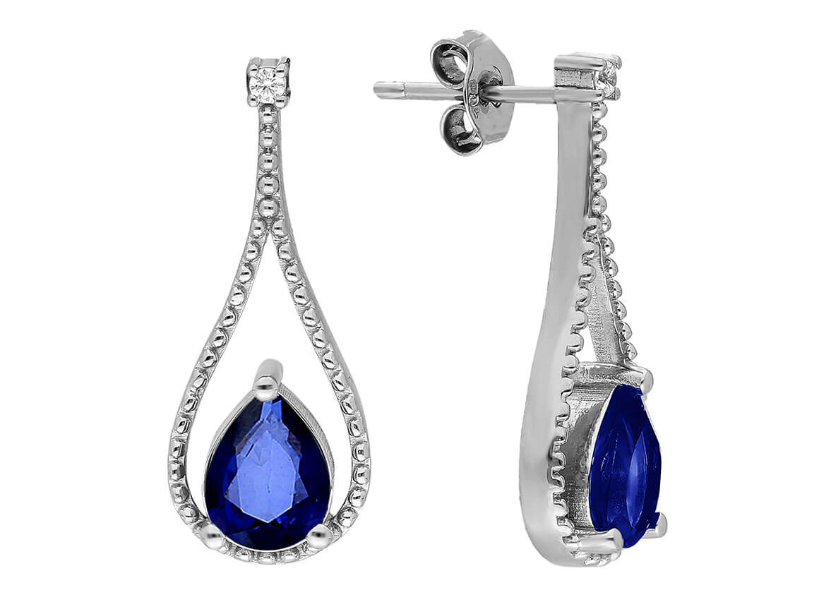 Boucles d'oreilles élégantes avec diamants de laboratoire et saphirs en goutte en or blanc 585