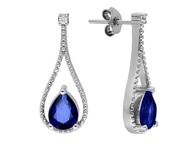 Boucles d'oreilles élégantes avec diamants de laboratoire et saphirs en goutte en or blanc 585