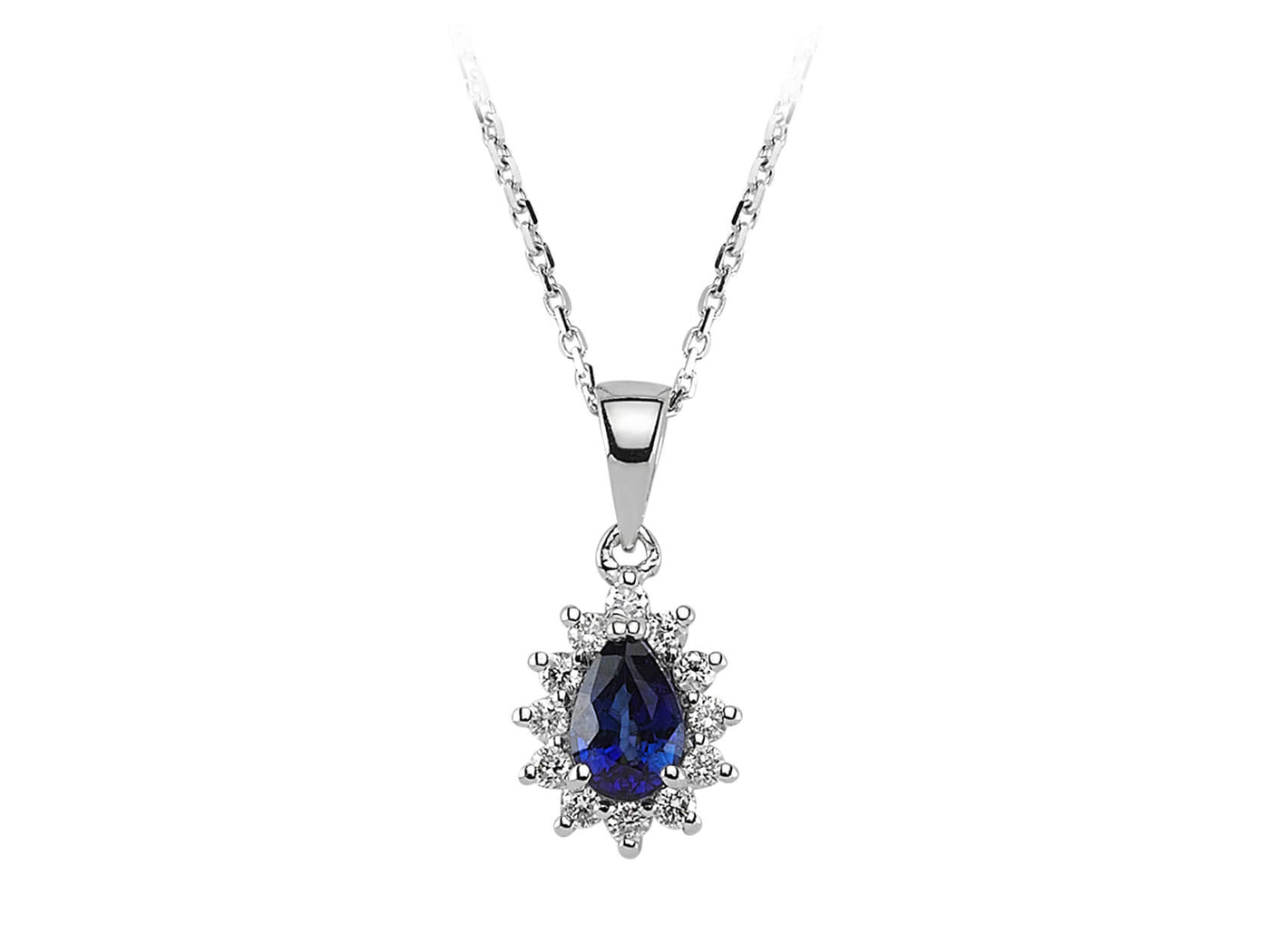 Anturaj pendant with teardrop-shaped sapphire and 12 diamonds – 14K white gold