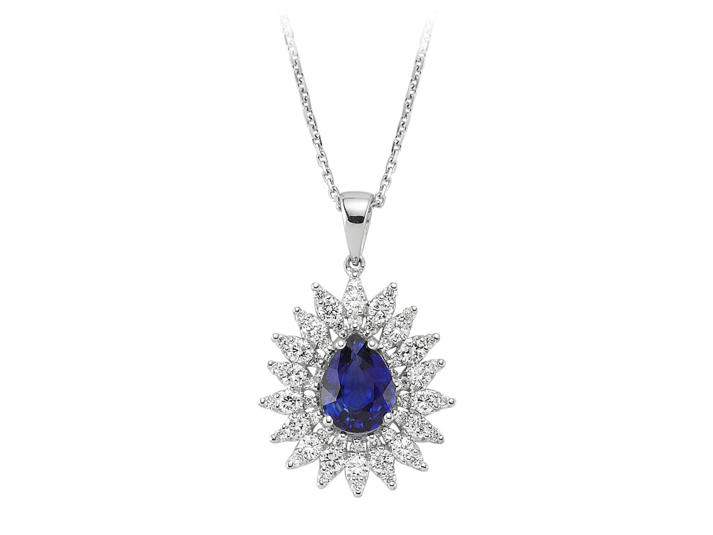 Elegant entourage necklace with drop sapphire and 0.80 ct diamonds