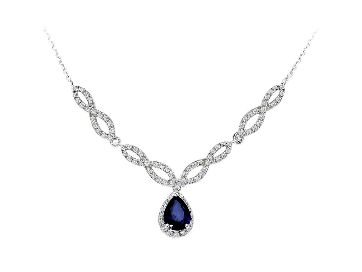 Weißgold Collier mit Tropfenförmigem Saphir & 88 Brillanten – 04P0109