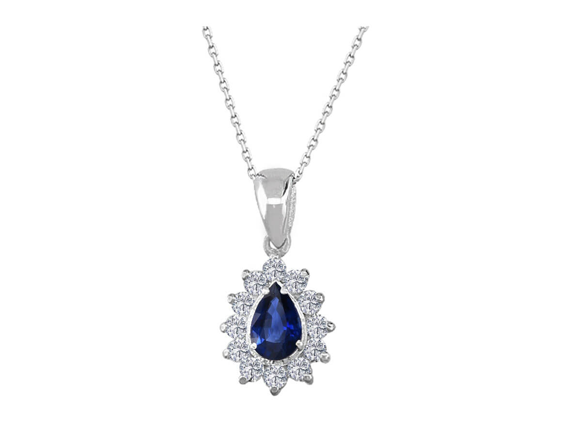 Pendentif Anturage avec saphir en forme de goutte et diamants | Or blanc 14 carats