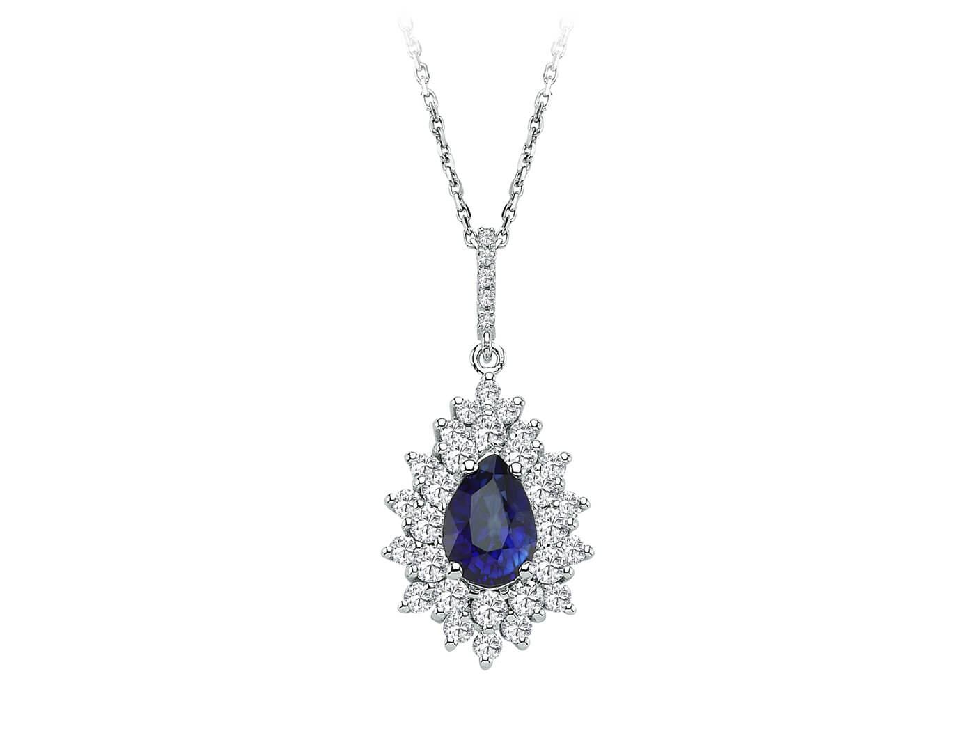 Pendentif entourage avec saphir poire et diamants taille brillant - Or Blanc 14 K - Bijoux haut de gamme de Rosy Lab Diamonds