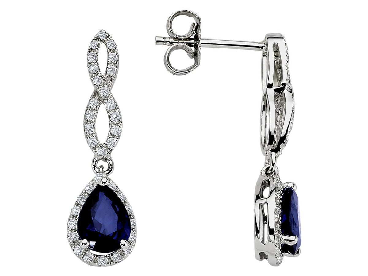 Sapphire Drop Earrings with Diamonds & Infinity Motif in 14K White Gold - High-Quality Jewelry by Rosy Lab Diamonds