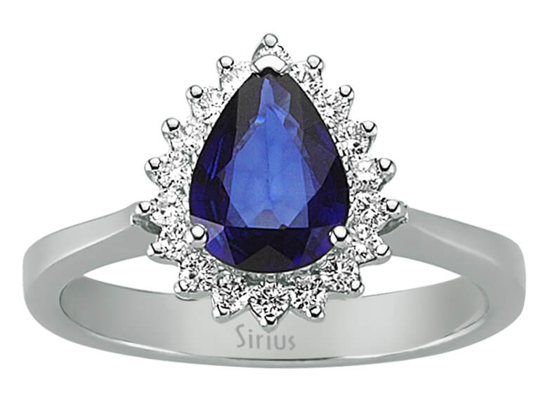Anmutiger Diamant- und Tropfen-Saphir-Ring mit Anturage-Fassung