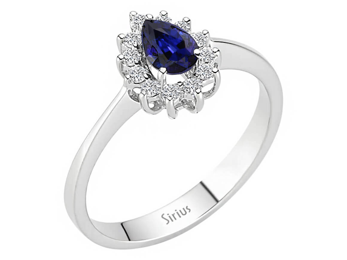 Edler Diamant- und Tropfenförmiger Saphir Anturaj-Ring aus 14 Karat Weißgold