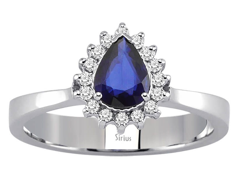 Anturage-Ring mit Tropfenförmigem Saphir und Diamanten – 14K Weißgold