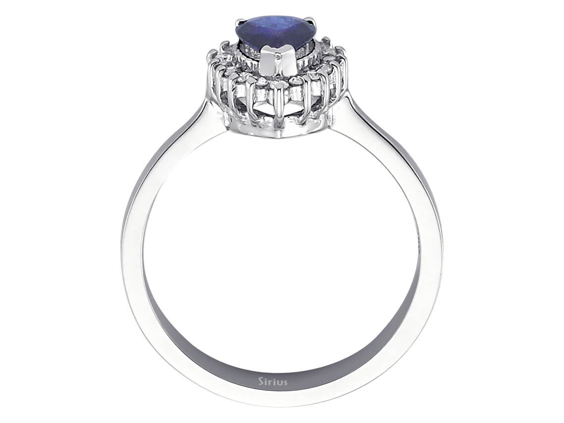 Anturage-Ring mit Tropfenförmigem Saphir und Diamanten – 14K Weißgold