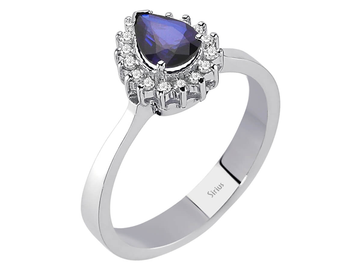 Anturage-Ring mit Tropfenförmigem Saphir und Diamanten – 14K Weißgold