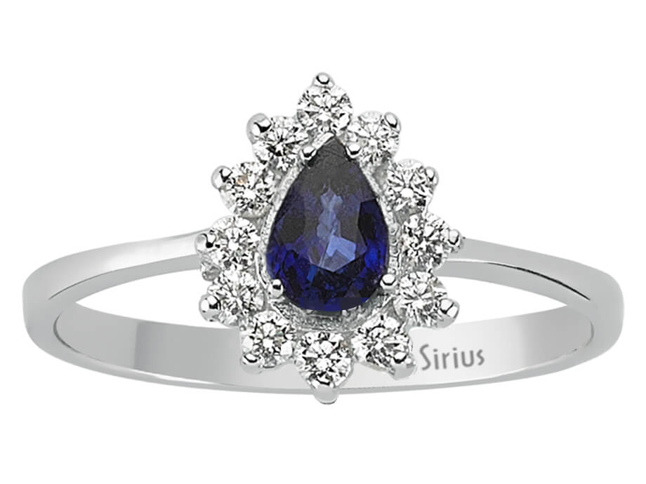 Elegant ring with 12 lab-grown diamonds and 1 pear-shaped Sapphire in 14K White Gold - high-quality Jewelry by Rosy Lab Diamonds