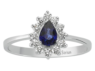 Eleganter Ring mit 12 runden laborgezüchteten Diamanten und 1 tropfenförmigem Saphir in 14 Karat Weißgold