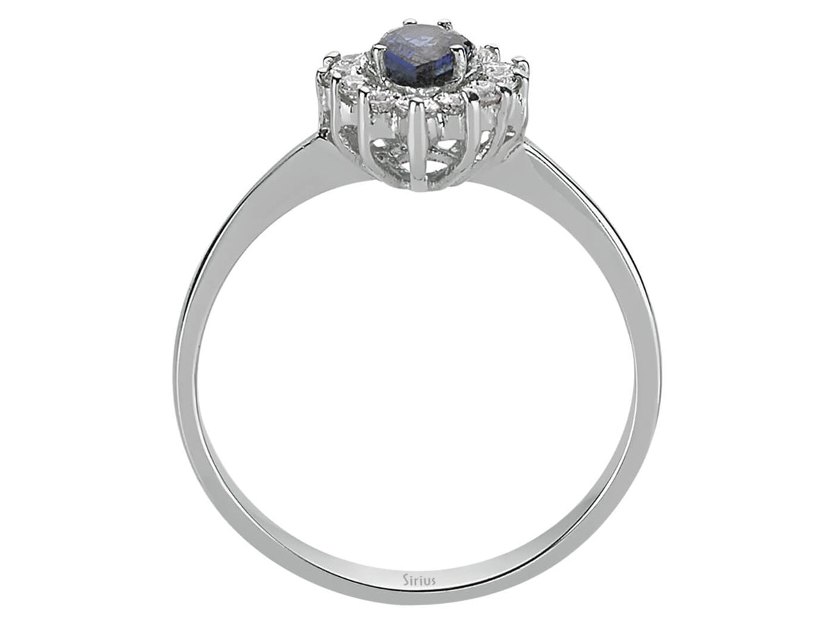 Elegant ring with 12 lab-grown diamonds and 1 pear-shaped Sapphire in 14K White Gold - high-quality Jewelry by Rosy Lab Diamonds