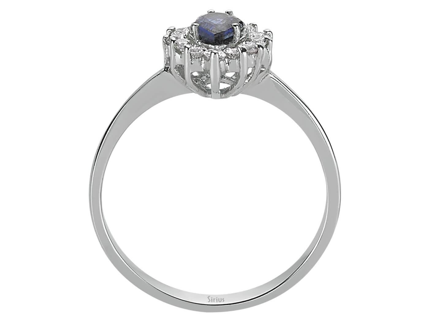 Eleganter Ring mit 12 runden laborgezüchteten Diamanten und 1 tropfenförmigem Saphir in 14 Karat Weißgold