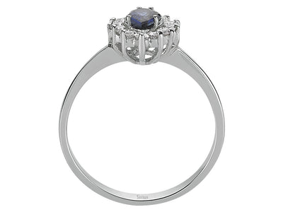 Eleganter Ring mit 12 runden laborgezüchteten Diamanten und 1 tropfenförmigem Saphir in 14 Karat Weißgold
