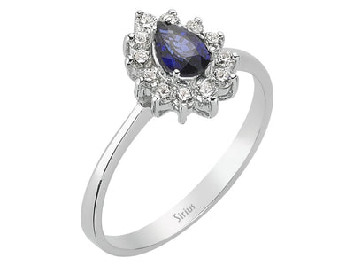 Eleganter Ring mit 12 runden laborgezüchteten Diamanten und 1 tropfenförmigem Saphir in 14 Karat Weißgold