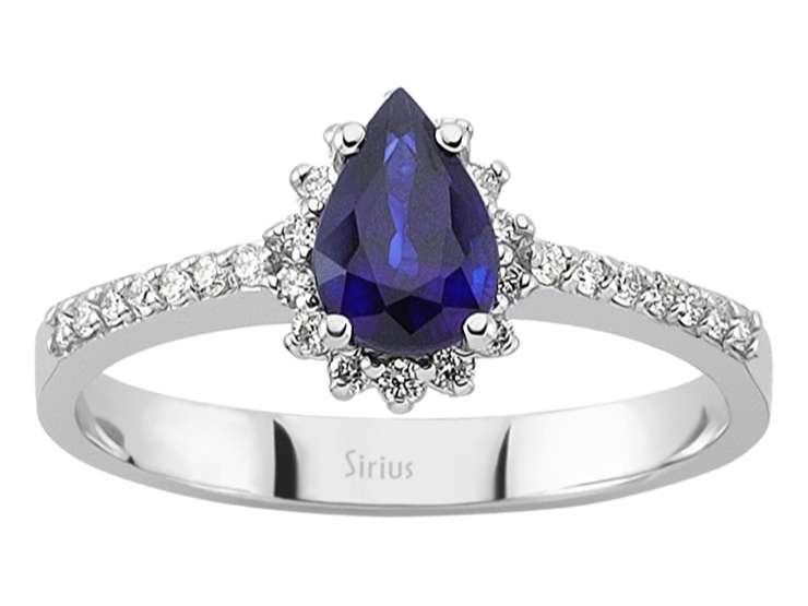 Tropfenförmiger Saphirring mit 0,70 ct & 0,20 ct Diamanten – 14K Weißgold