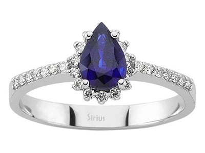Tropfenförmiger Saphirring mit 0,70 ct & 0,20 ct Diamanten – 14K Weißgold