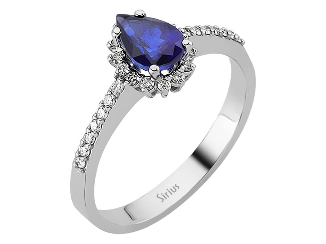 Pırlanta detaylı damla safir yüzük - 14K Beyaz Altın - Anturage tarzı - Rosy Lab Diamonds’tan yüksek kaliteli Mücevher