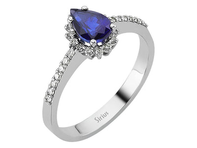 Tropfenförmiger Saphirring mit 0,70 ct & 0,20 ct Diamanten – 14K Weißgold