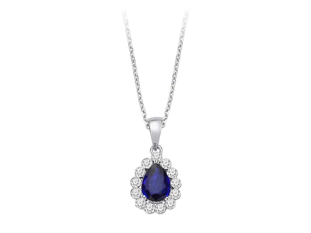 Damla safir ve 13 laboratuvar pırlantası – 8K Beyaz Altın Anturaj kolye ucu – Rosy Lab Diamonds’tan yüksek kaliteli Mücevher