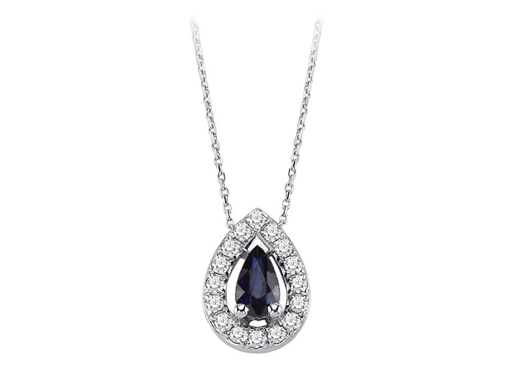 Saphir pendentif goutte avec 16 diamants de laboratoire - chaîne en or blanc 14 carats - Bijoux haut de gamme de Rosy Lab Diamonds