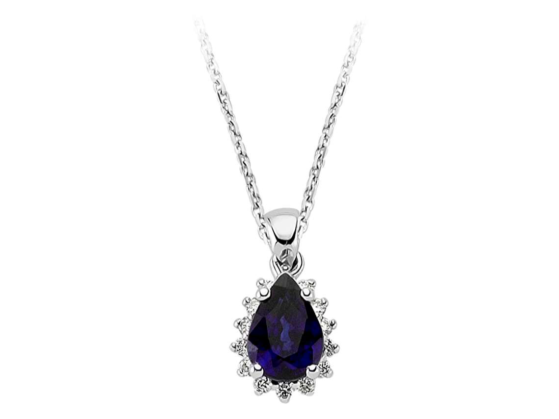Necklace with drop sapphire and diamond halo in 14K white gold