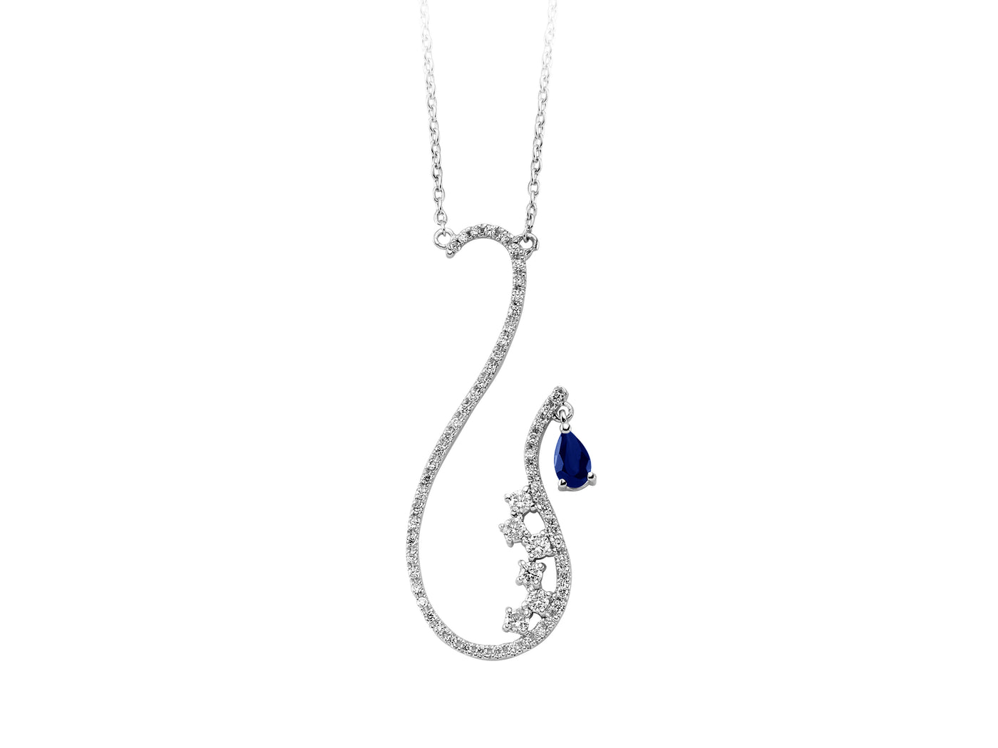 Designer necklace with drop sapphire and diamonds in 14K white gold