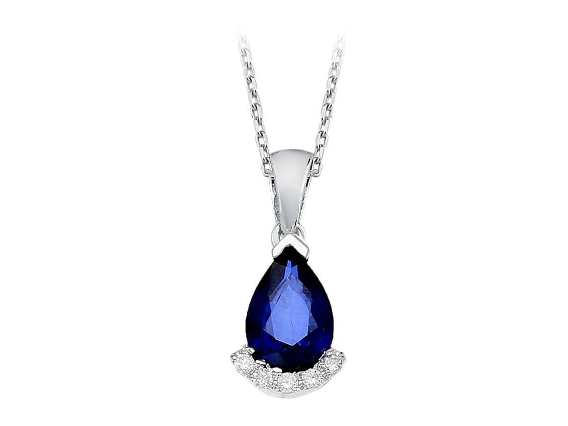 Pendant with Pear-Shaped Sapphire & Diamonds - 14K White Gold - High-Quality Jewelry by Rosy Lab Diamonds
