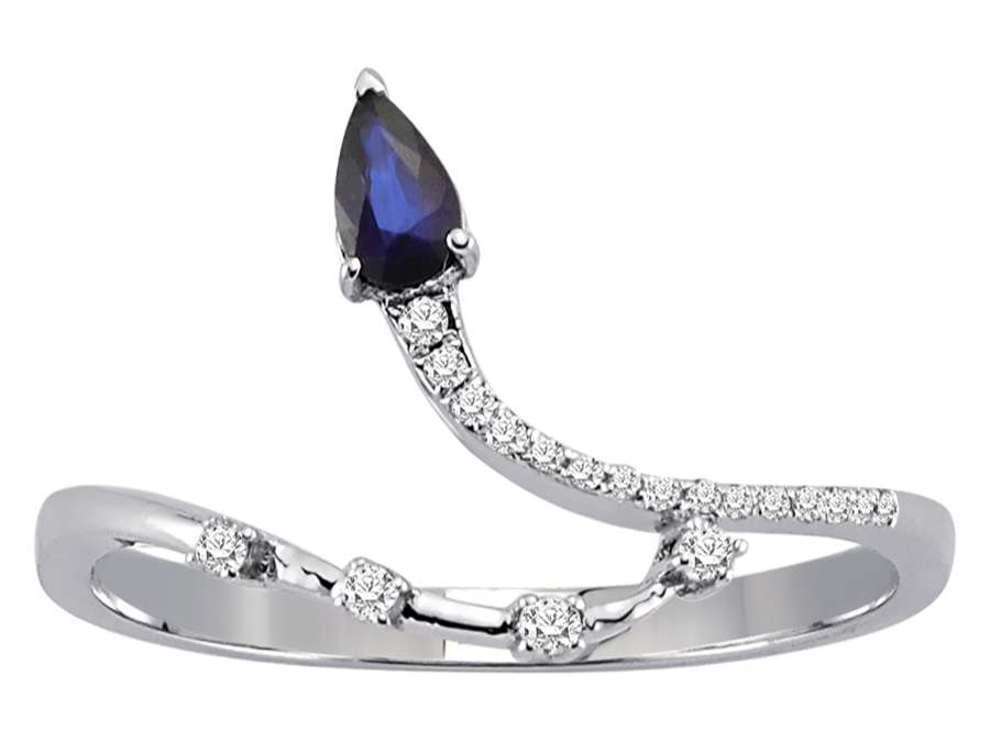 Zarter Schwanenhals-Ring mit Diamanten und tropfenförmigem Saphir – 14K Weißgold