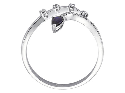 Zarter Schwanenhals-Ring mit Diamanten und tropfenförmigem Saphir – 14K Weißgold