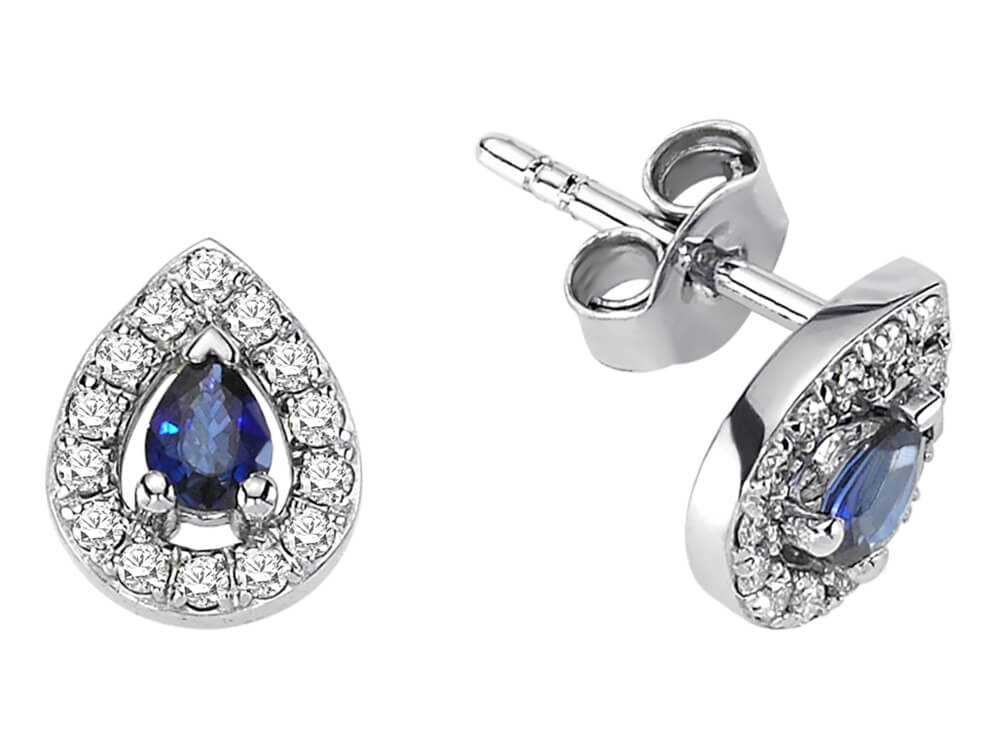 Teardrop sapphire stud earrings with diamonds in 14K White Gold | Halo design – high-quality Jewelry by Rosy Lab Diamonds