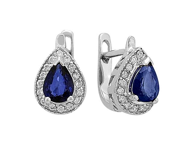 Élégantes boucles d'oreilles goutte avec saphirs et diamants en or blanc 585