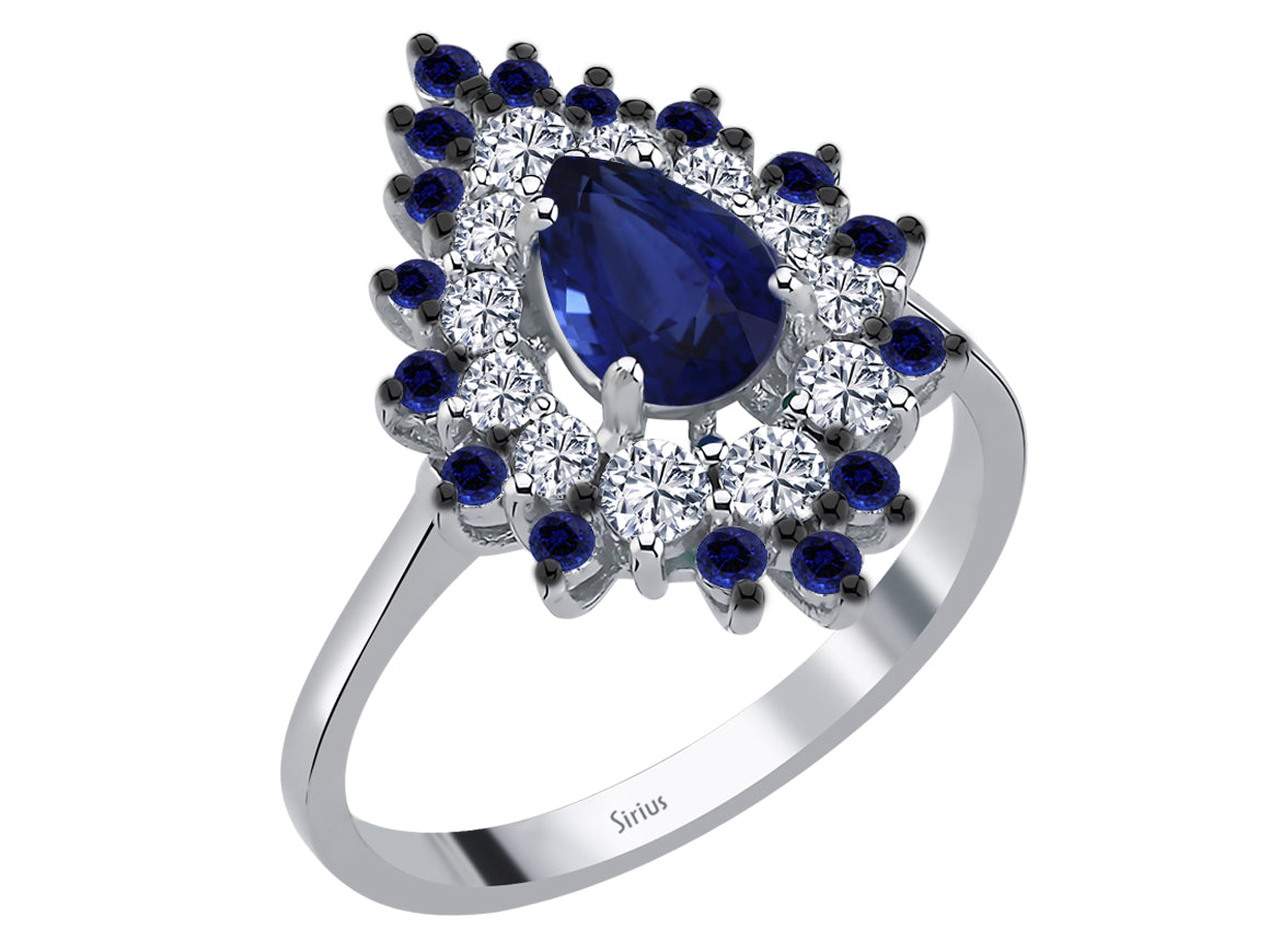 Mihrisah Ring - Tropfen-Saphir & Labordiamanten in 14K Weißgold | Königliche Eleganz - hochwertiger Schmuck von Rosy Lab Diamonds