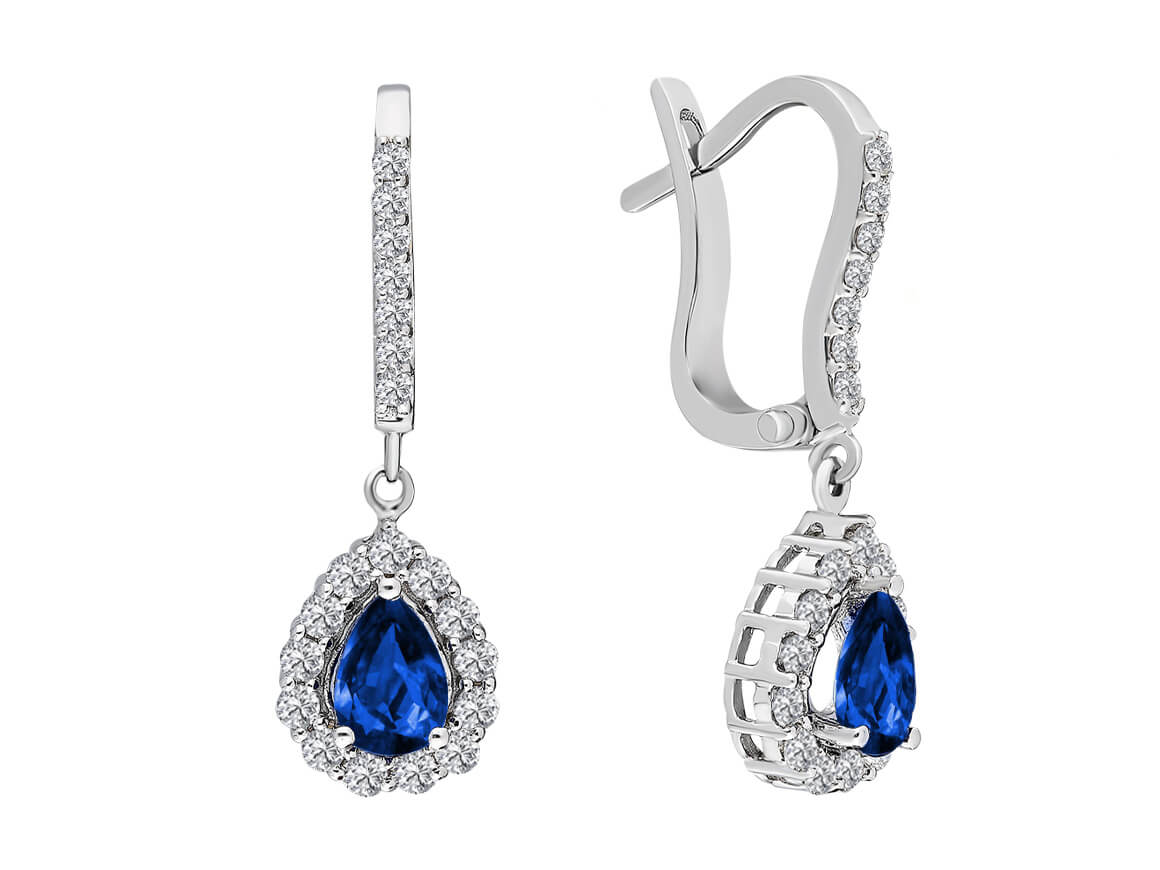 Teardrop Sapphire Drop Earrings with Diamond in 14K White Gold | Exclusive Earrings - High-Quality Jewelry by Rosy Lab Diamonds