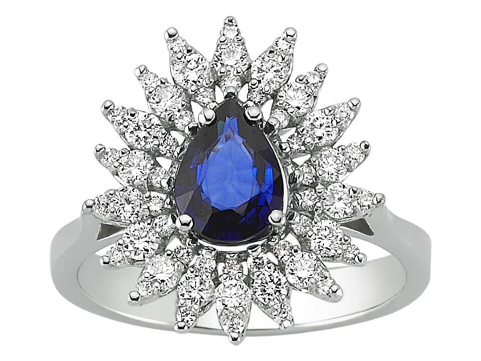 14K Weißgoldring mit Tropfen-Saphir und 54 Diamanten – 1.87 ct Gesamtgewicht