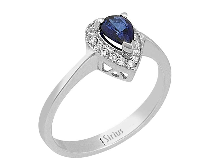 Weißgold-Ring mit laborgezüchteten Diamanten und tropfenförmigem Saphir