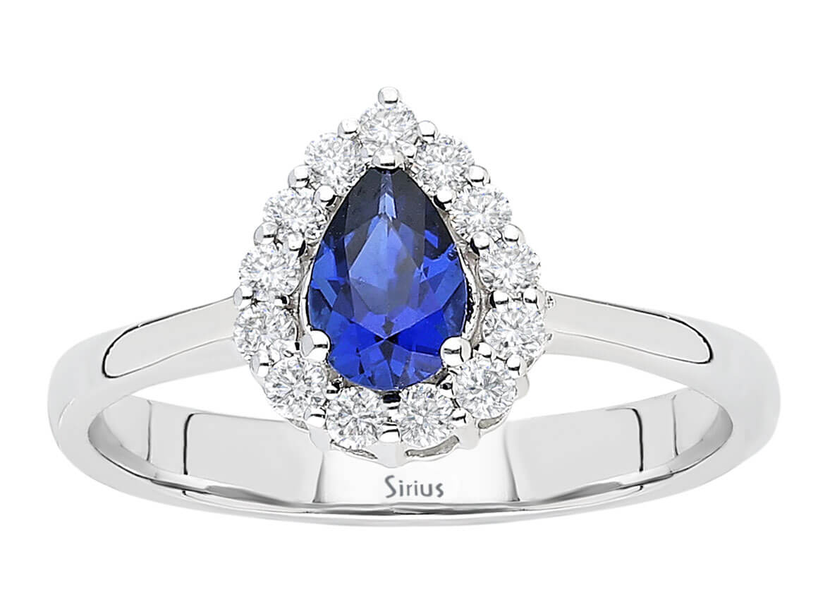 Eleganter Weißgoldring mit 13 laborgezüchteten Diamanten und einem tropfenförmigen Saphir