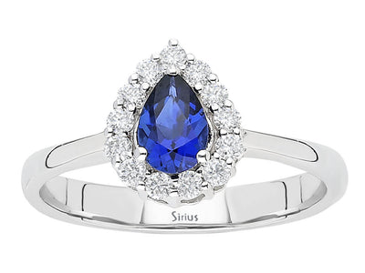 Eleganter Weißgoldring mit 13 laborgezüchteten Diamanten und einem tropfenförmigen Saphir