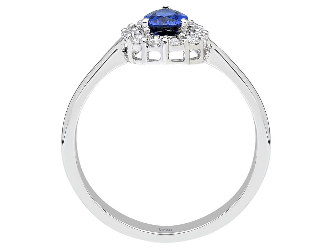 Eleganter Weißgoldring mit 13 laborgezüchteten Diamanten und einem tropfenförmigen Saphir