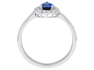 Eleganter Weißgoldring mit 13 laborgezüchteten Diamanten und einem tropfenförmigen Saphir