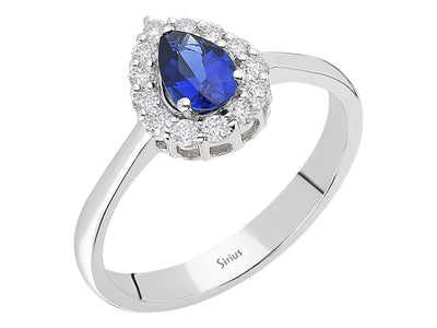 Eleganter Weißgoldring mit 13 laborgezüchteten Diamanten und einem tropfenförmigen Saphir